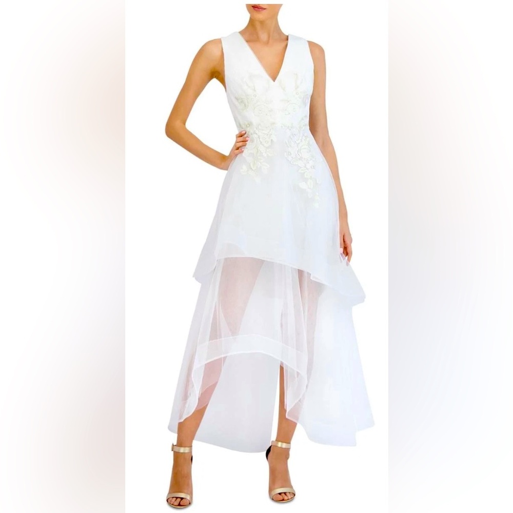 🆕 NWT BCBGMAXAZRIA Womens Ivory Metallic Hi-Low Evening Dress Gown 4 MSRP $495